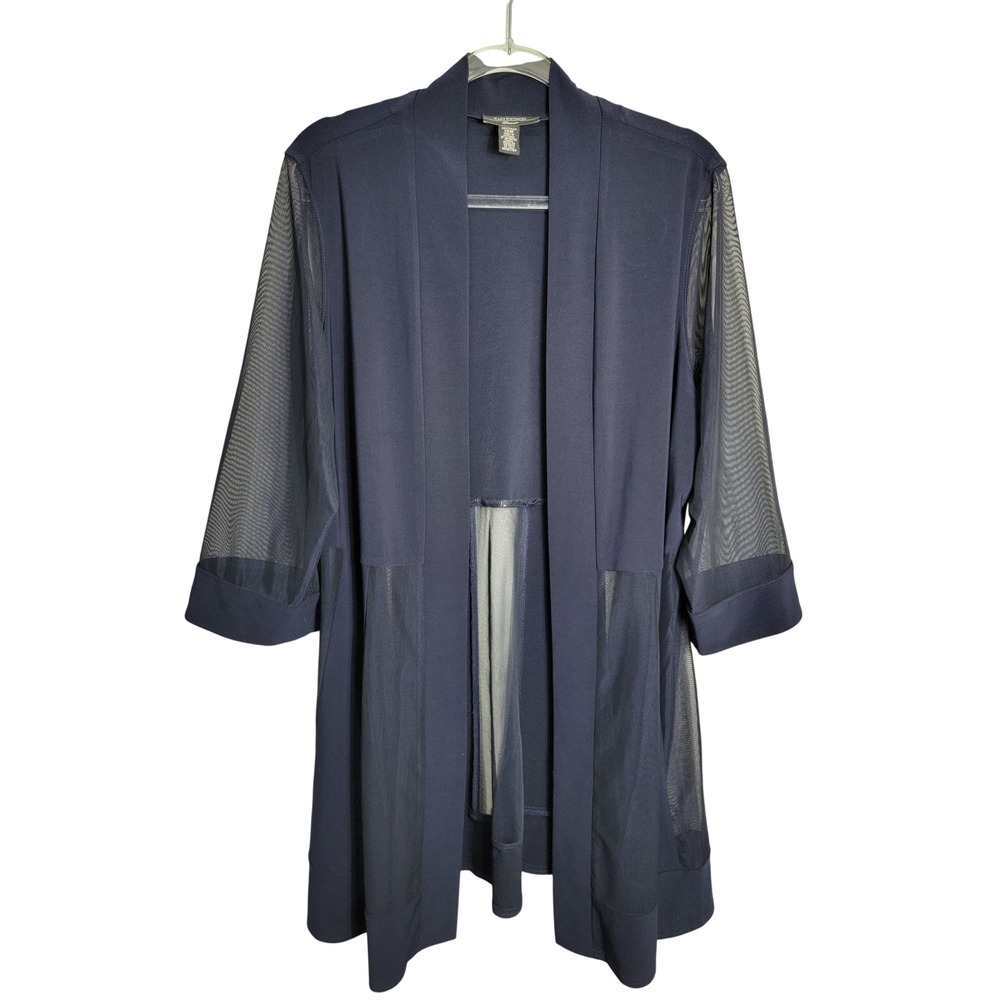 R&M Richards Women 14W Cardigan Navy Blue Mesh Panel Open Front Jacket